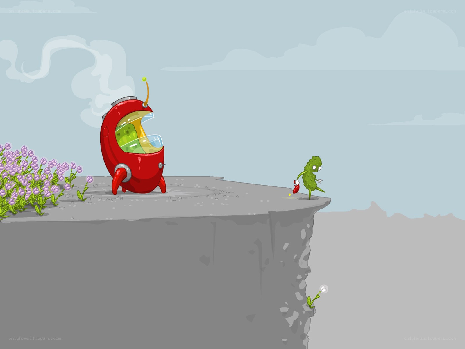 robot and alien on a cliff