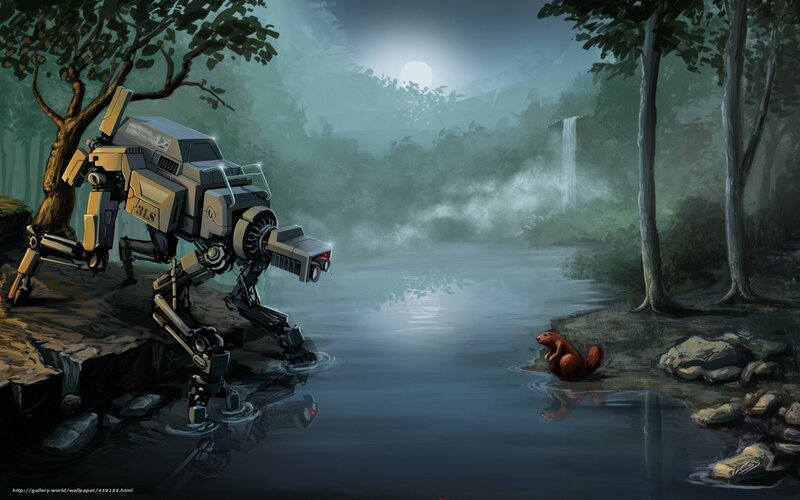 Robot and beaver in forest