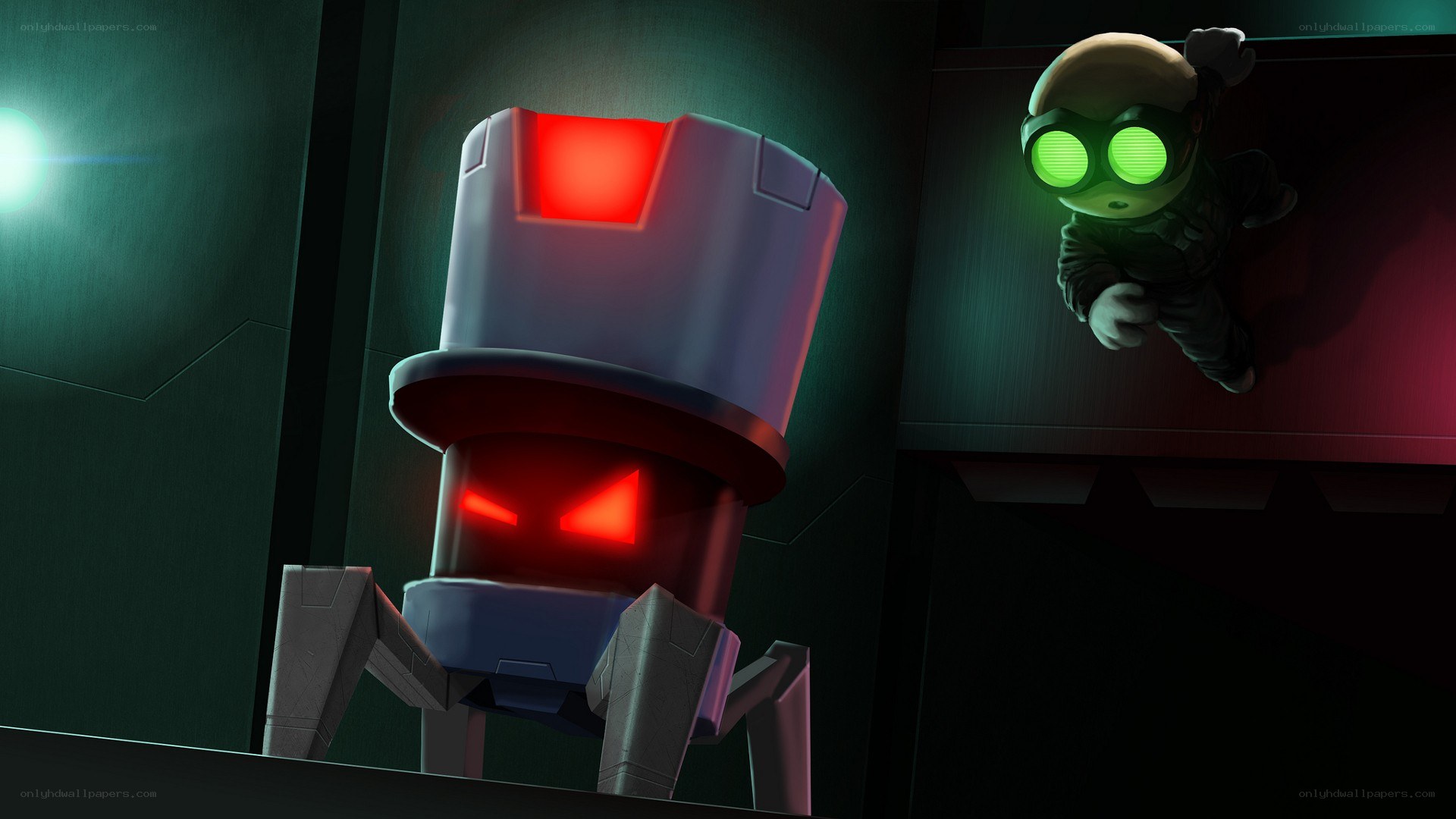 Robot and character in dark corridor