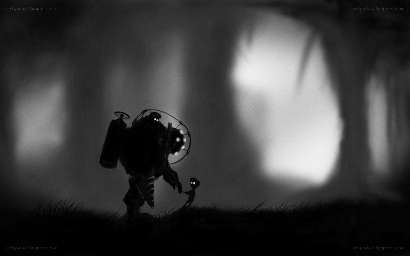 robot and child in dark forest