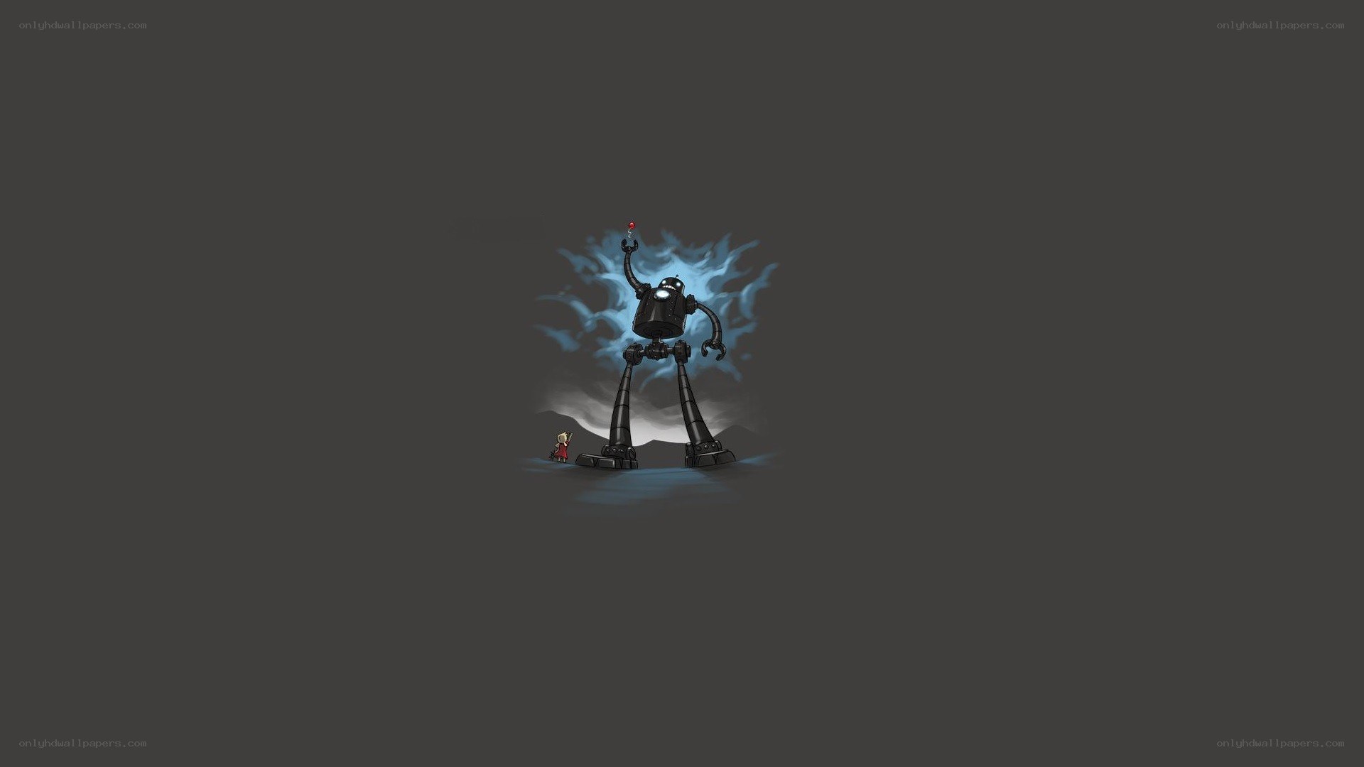 robot and child in dark landscape