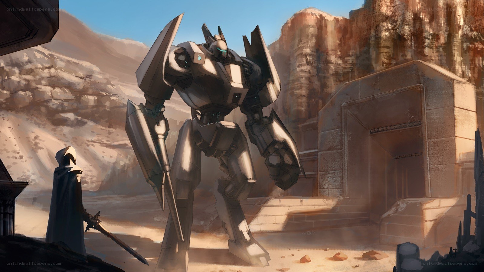 Robot and cloaked figure in desert