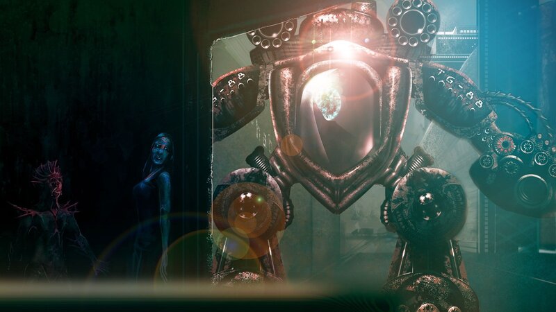 robot and creatures in dark room