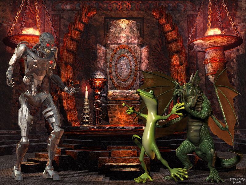 robot and dragons in a dungeon