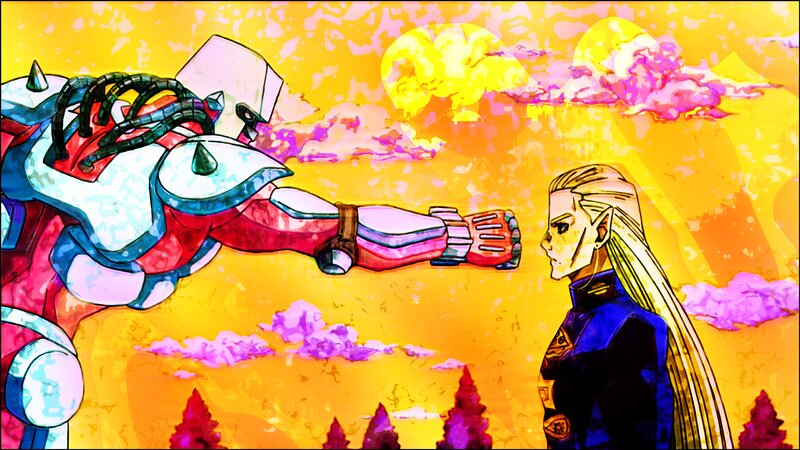 Robot and Elf Facing Off