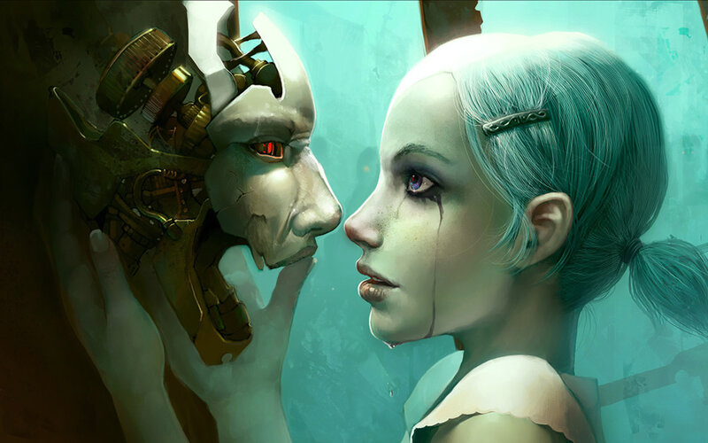 robot and girl face to face