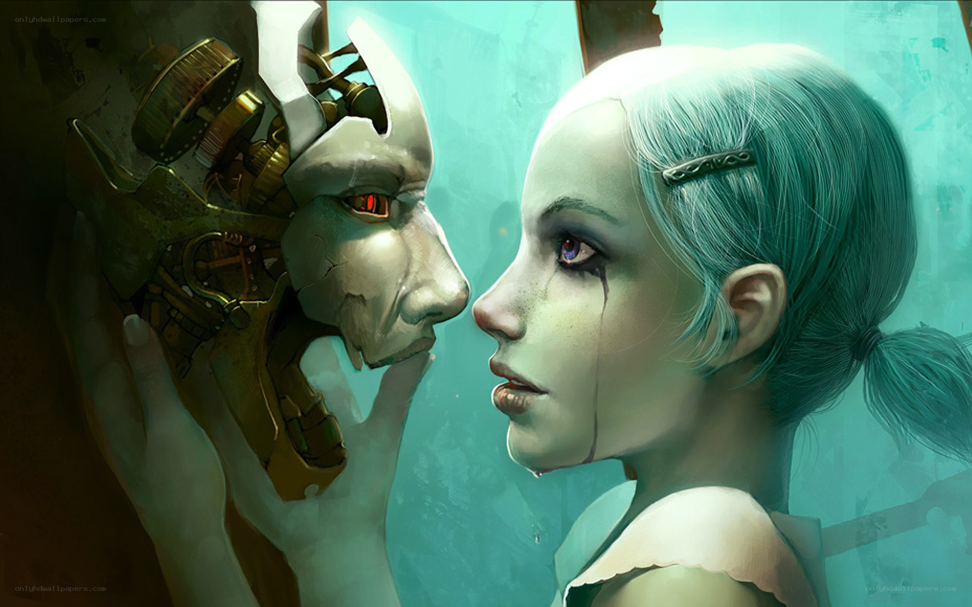 robot and girl face to face