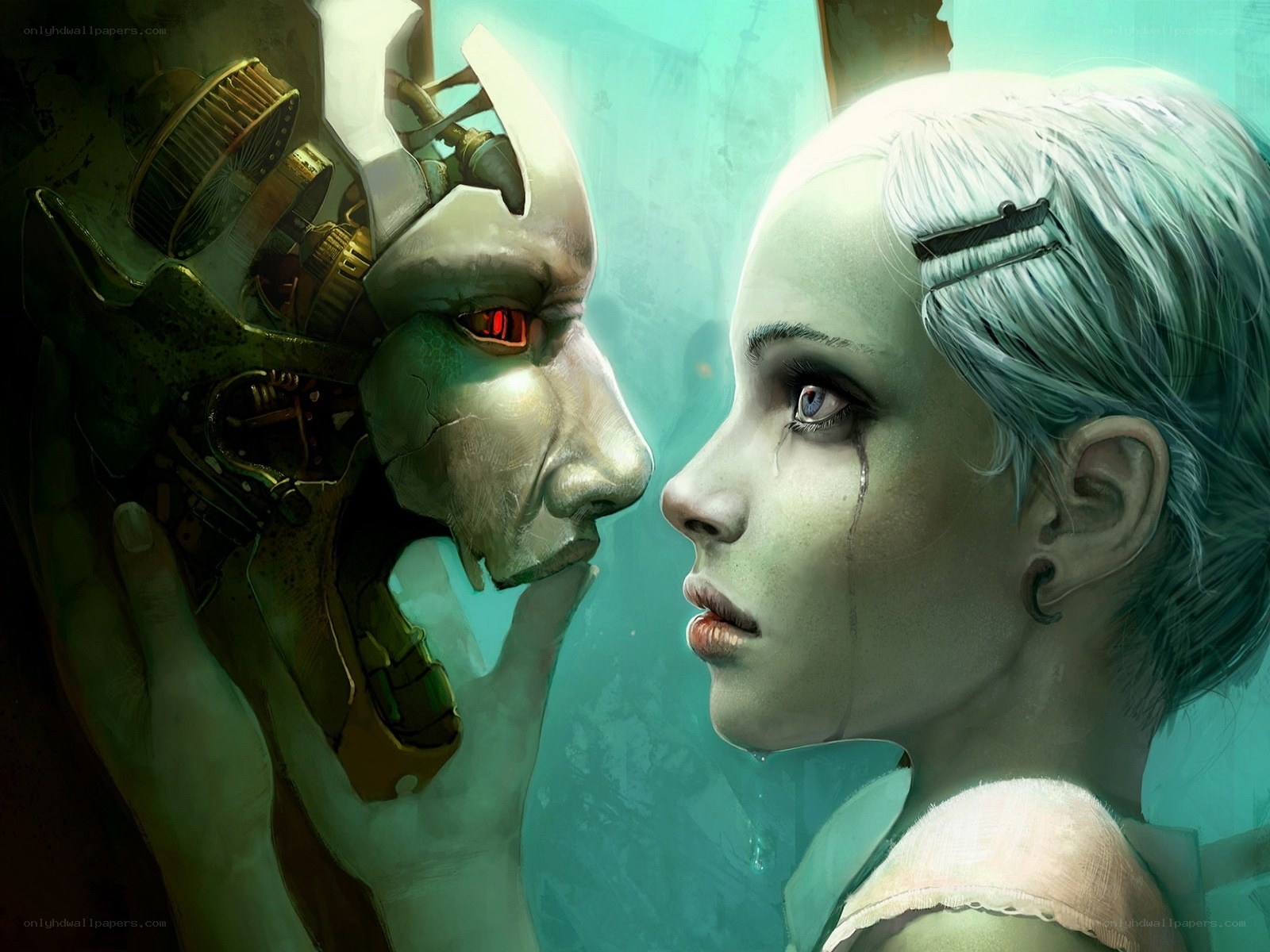robot and girl face to face