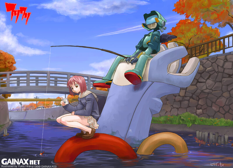 Robot and girl fishing