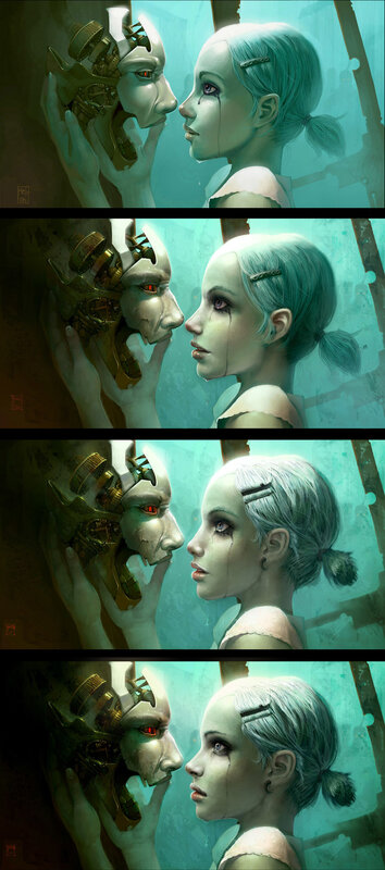 robot and girl in a tender moment