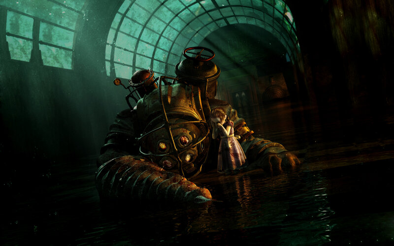 robot and girl in flooded tunnel