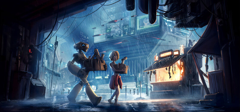 Robot and Girl in Rain