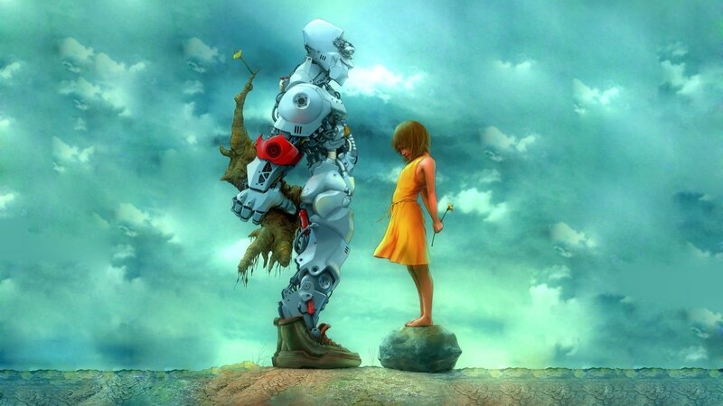 Robot and Girl Standing — Green, Dramatic, Digital Art