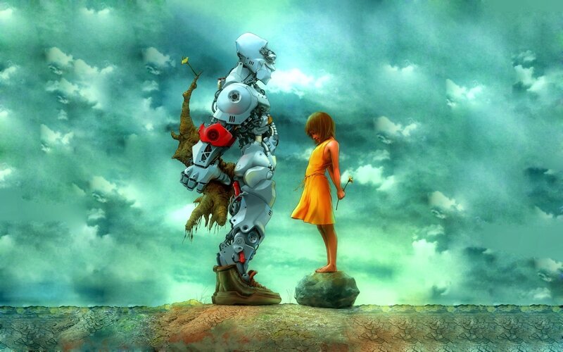 Robot and Girl Standing — Green