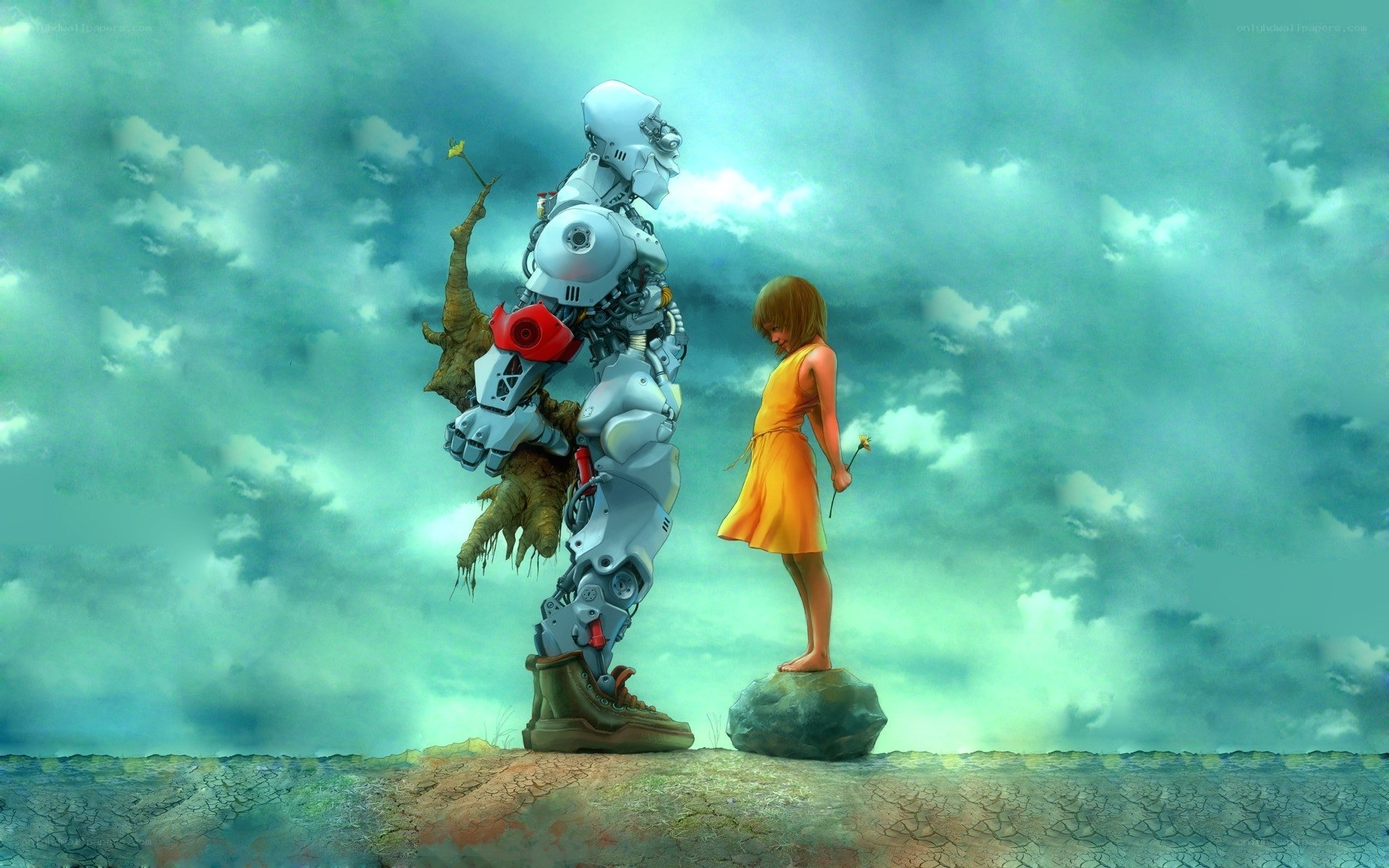Robot and girl with flowers