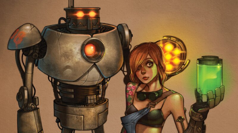 robot and girl with glowing vial