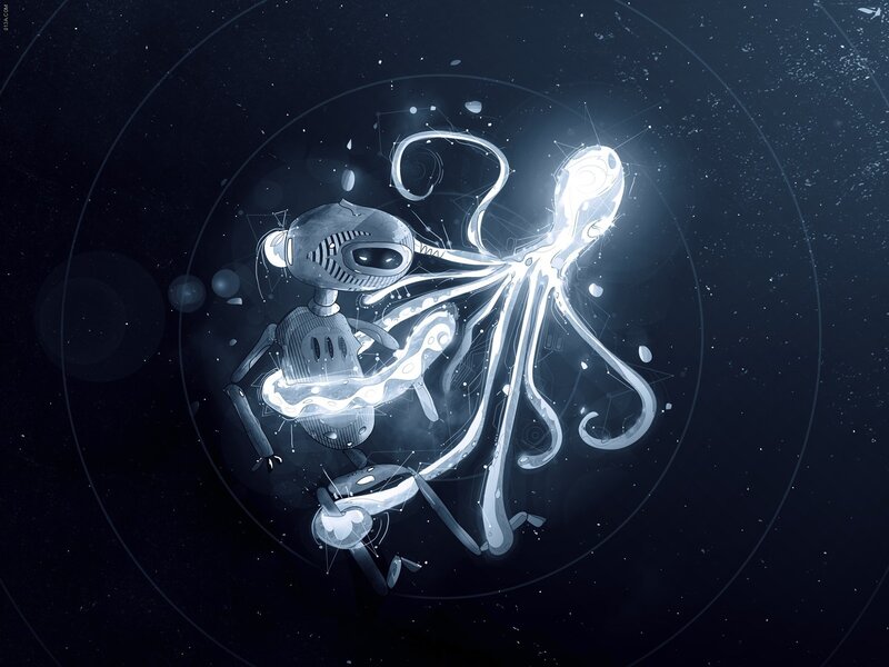 robot and glowing octopus