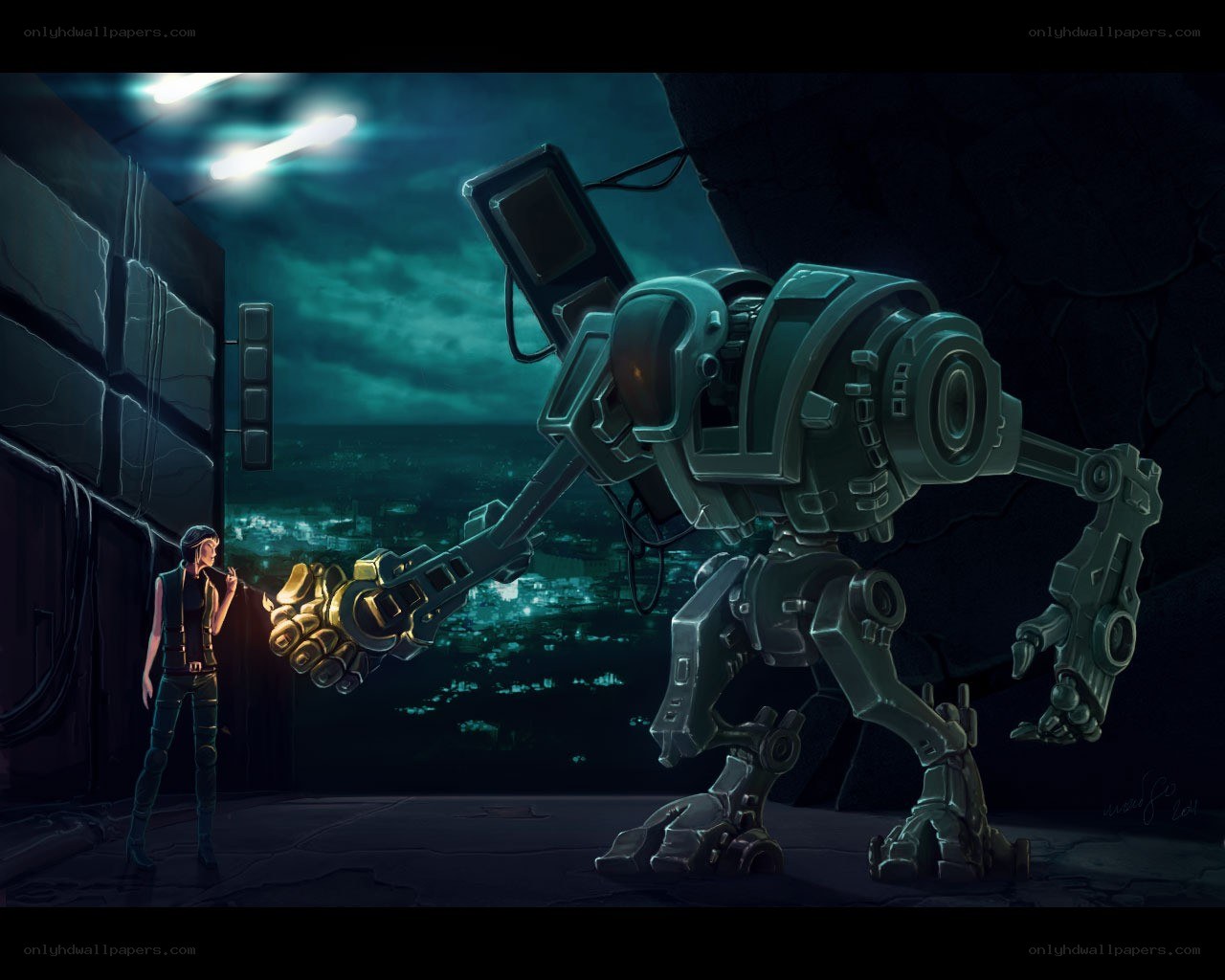 robot and human in futuristic city