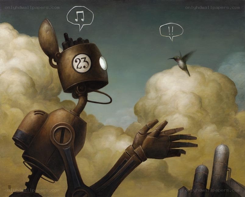 Robot and hummingbird in clouds