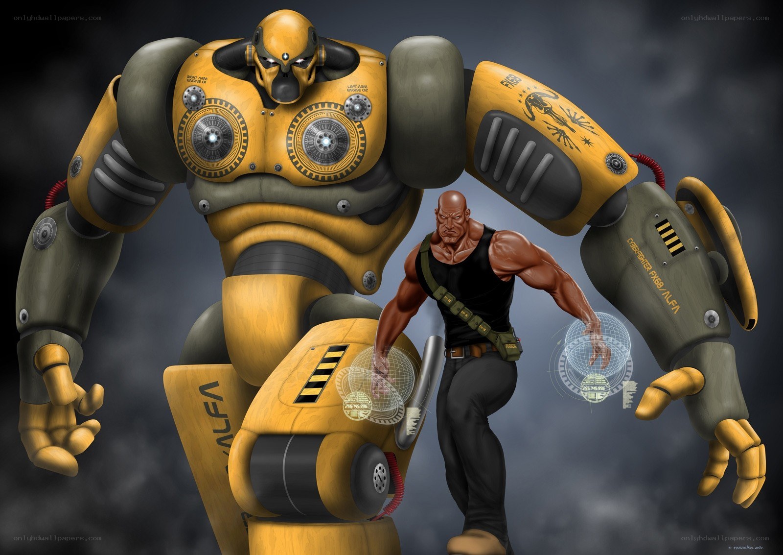 robot and muscular man