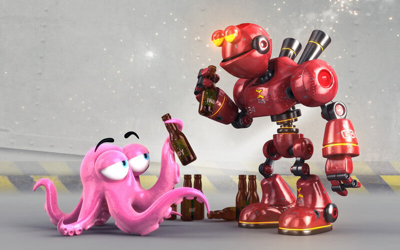 robot and octopus drinking