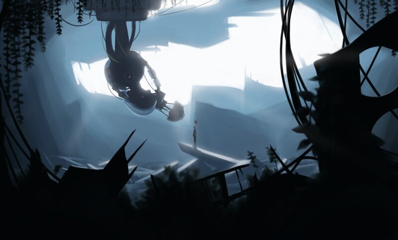 robot and person in a futuristic ruin