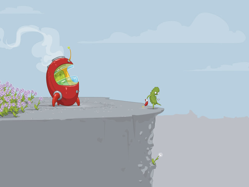 robot and pickle on a cliff
