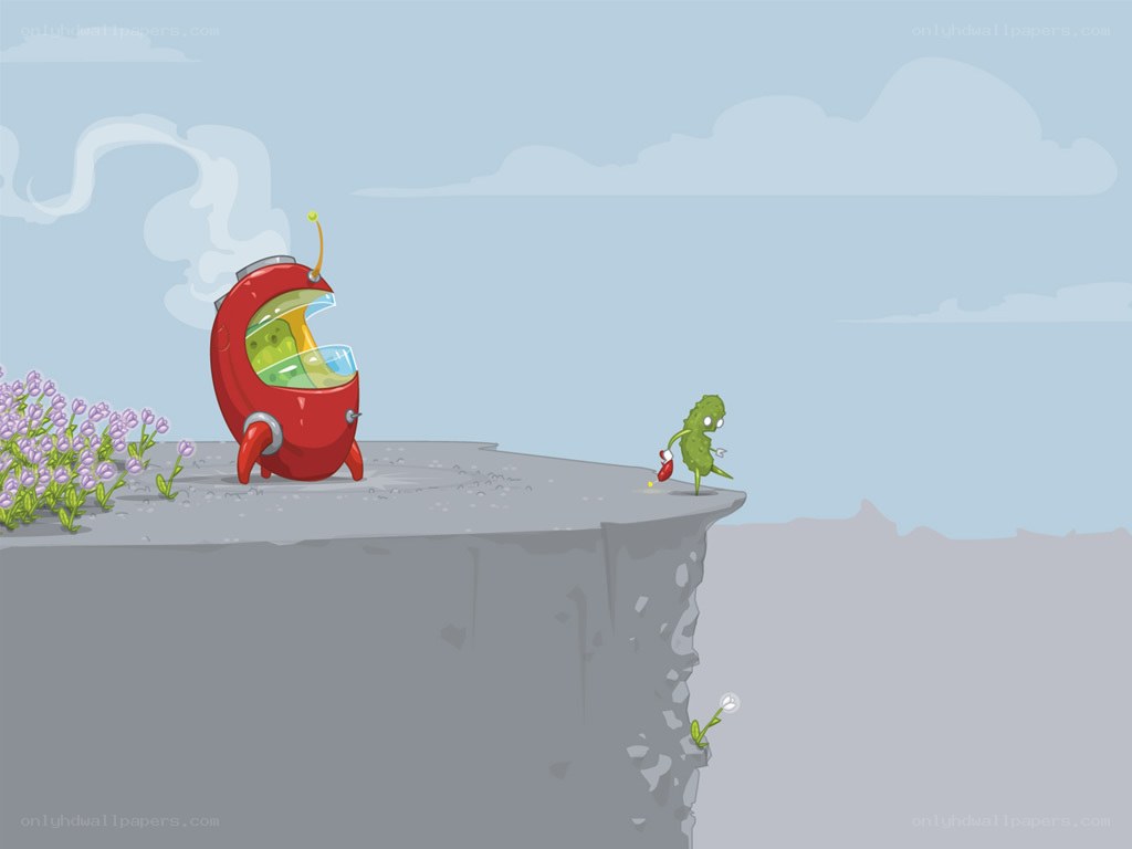 robot and pickle on cliff
