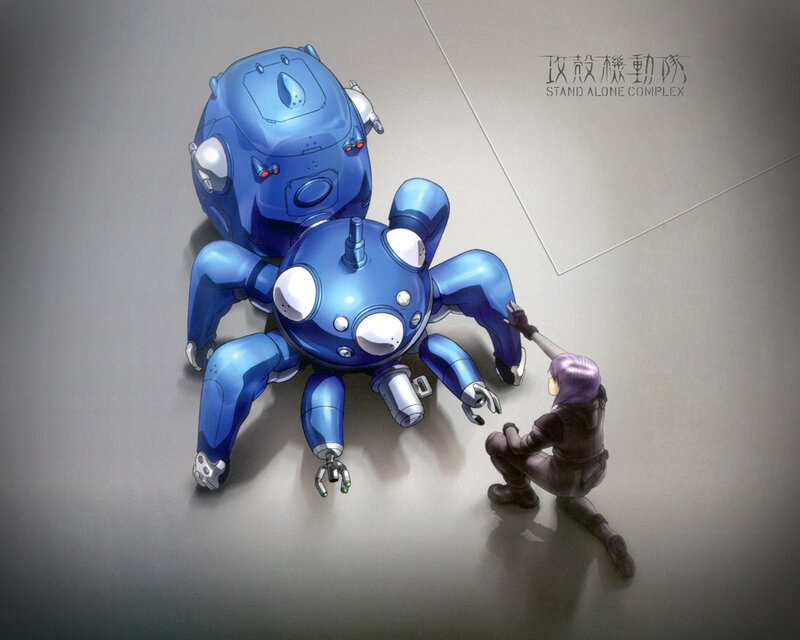 robot and purple-haired person
