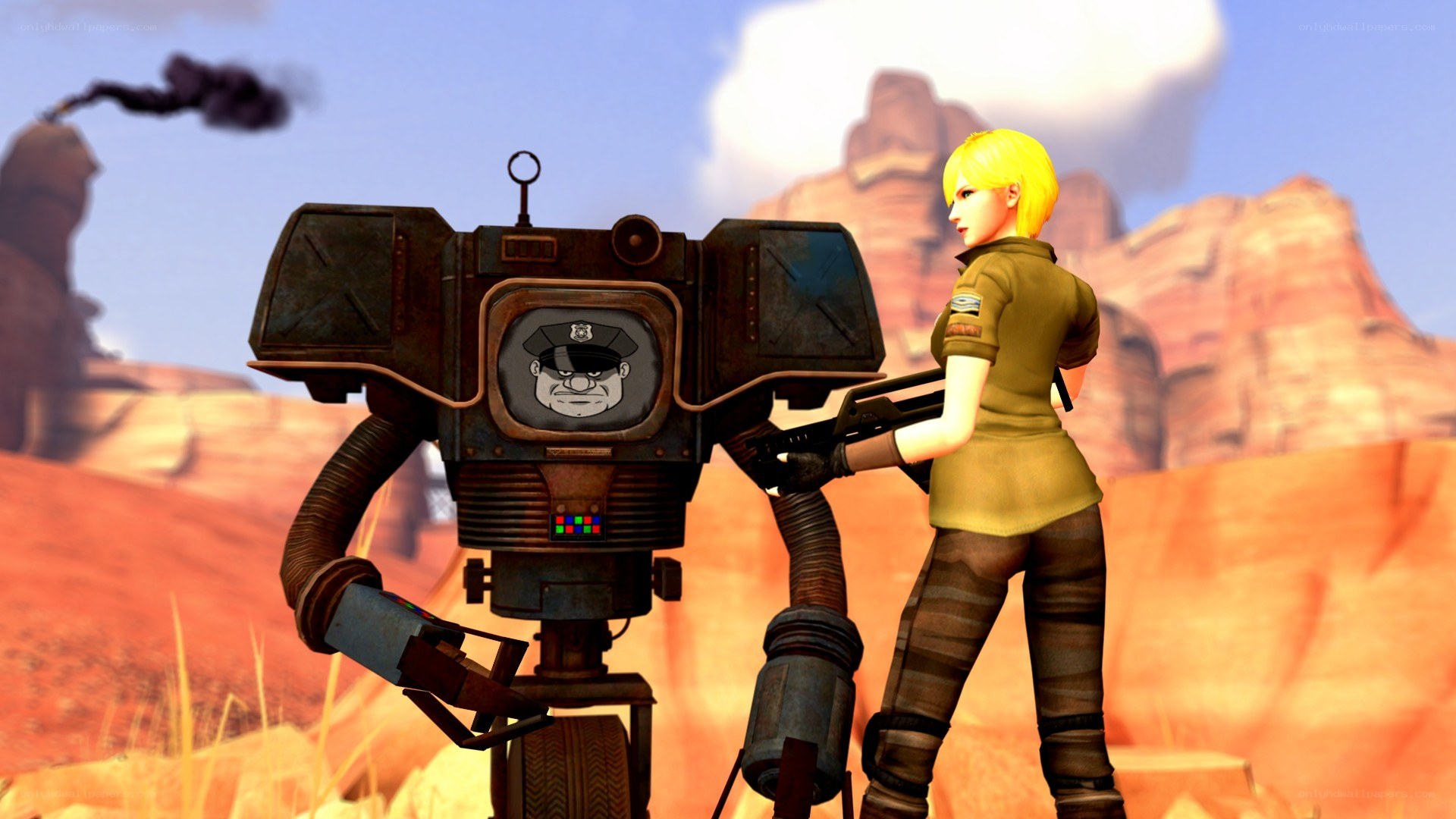 robot and soldier in desert