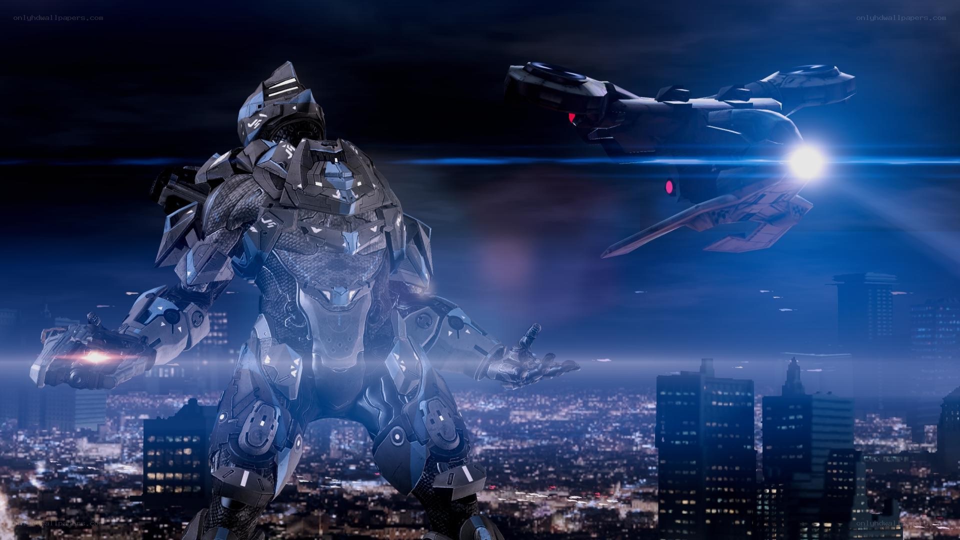 robot and spaceship over city