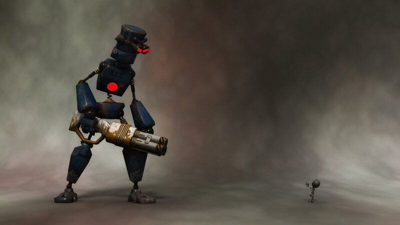 Robot and tiny figure in fog