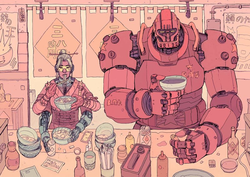 Robot and Warrior Eating Noodles