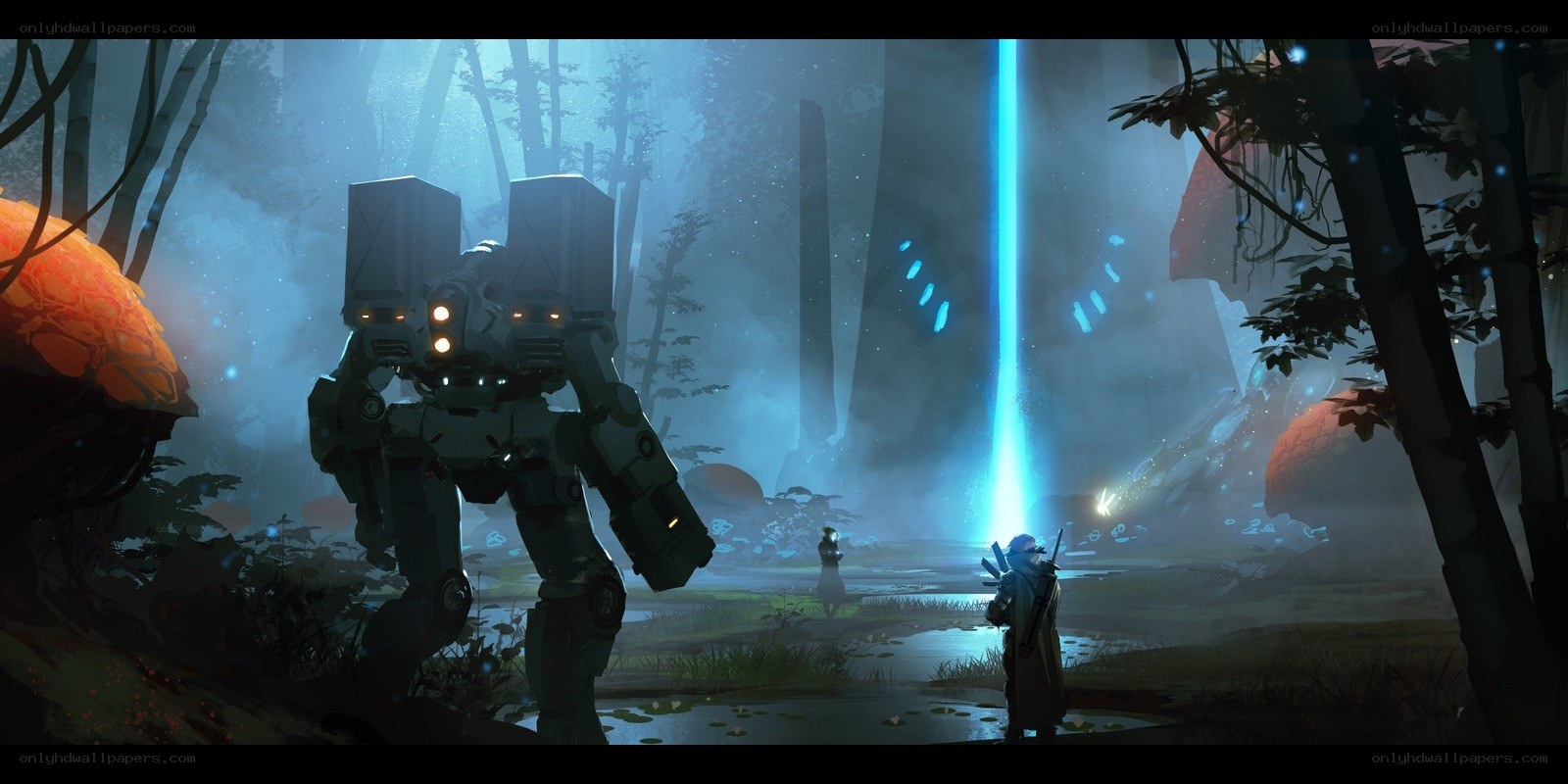 Robot and warrior in a mystical forest