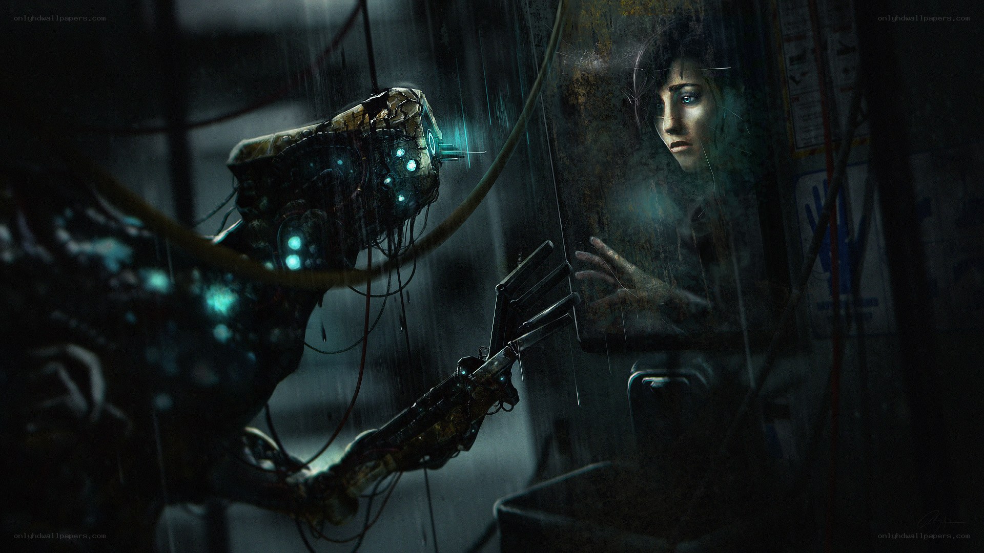 robot and woman in rain