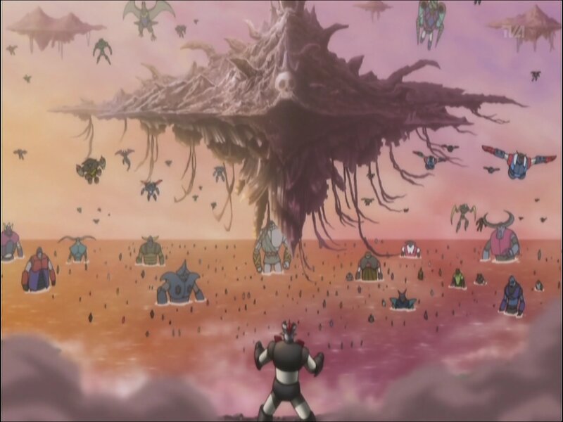 robot army faces giant monster