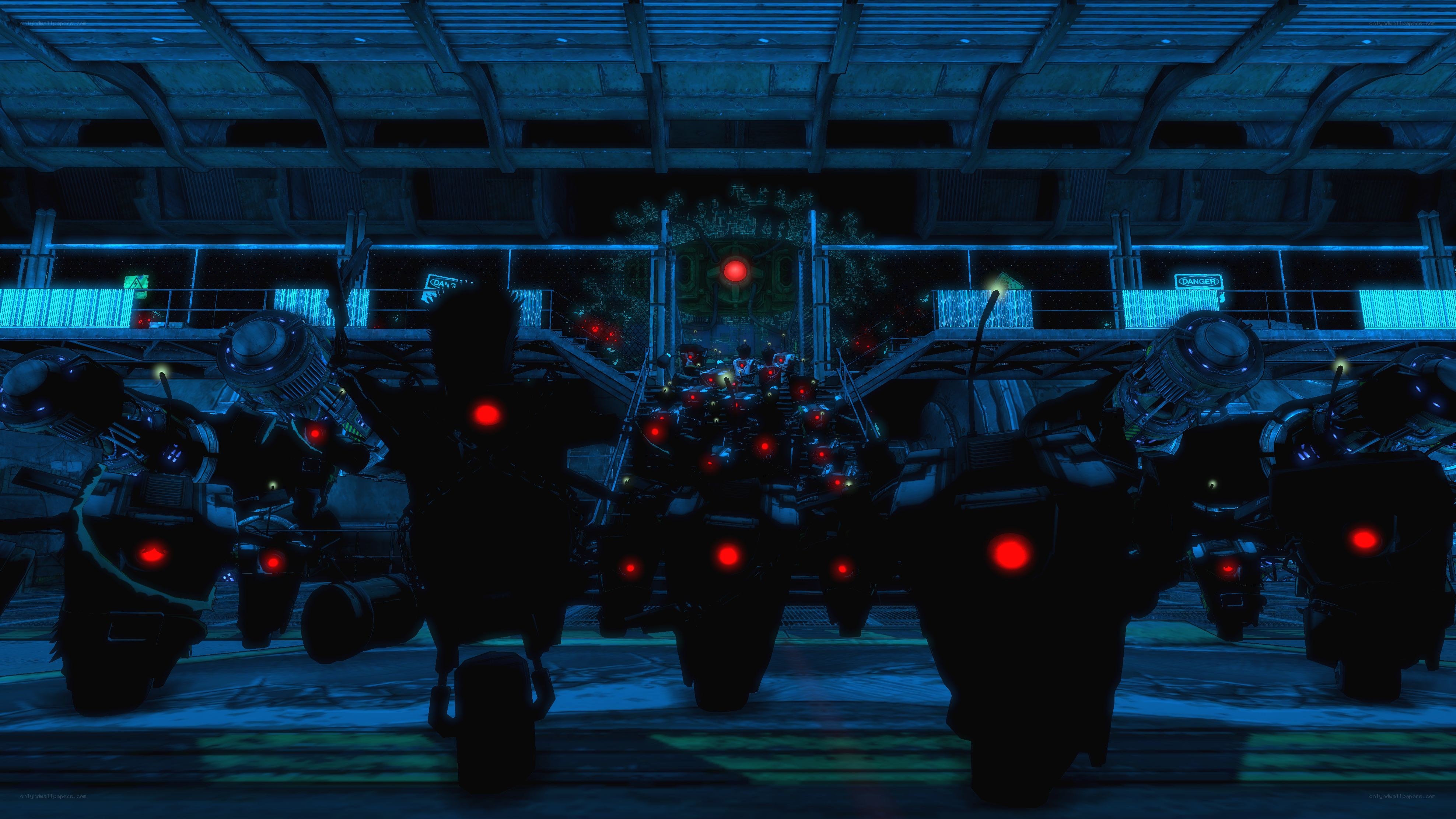robot army in dark hangar