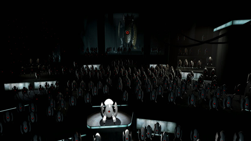 robot assembly in dark hall