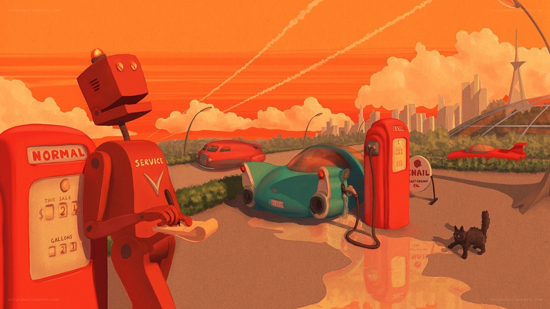 Robot at a retro gas station