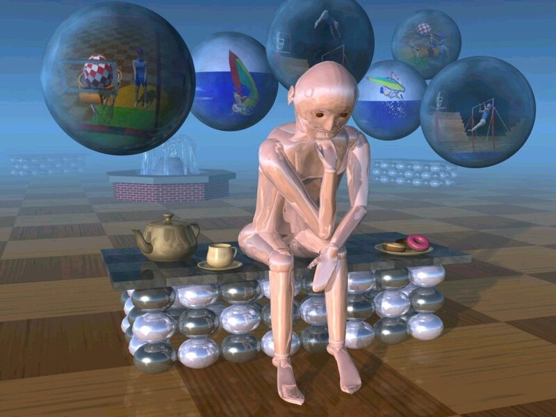 robot at a table with bubbles