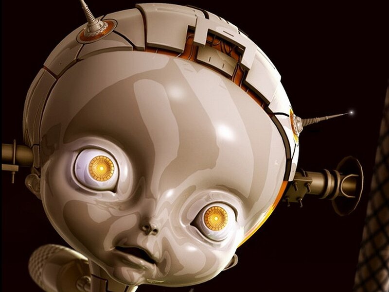 robot baby with glowing eyes