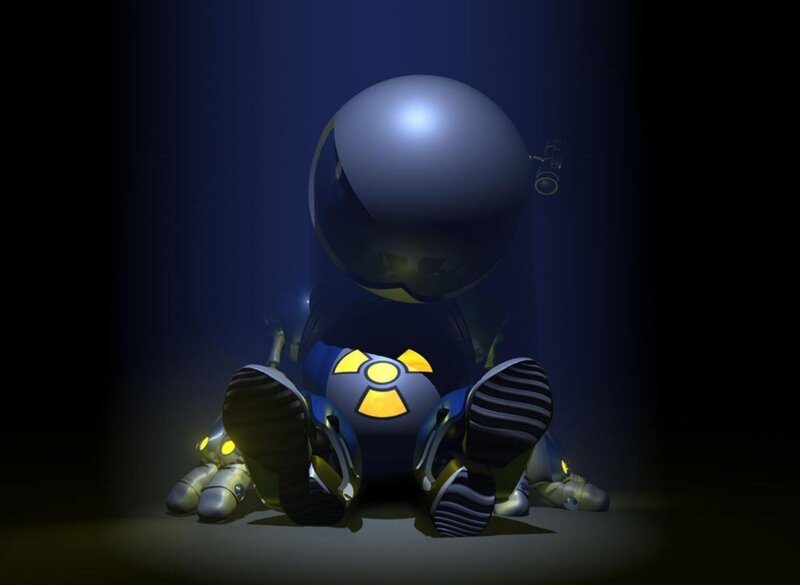 robot baby with radiation symbol
