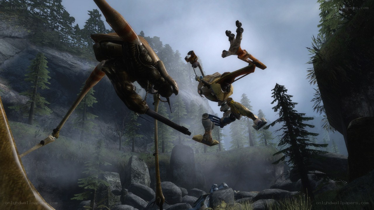 Robot battle in forest canyon