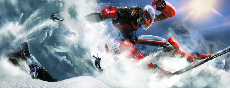 Robot battles snowboarders