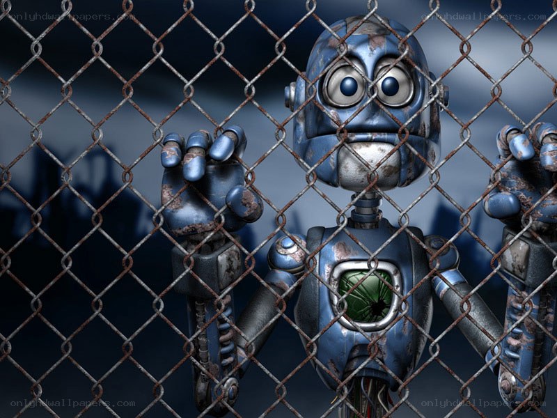 robot behind a chain-link fence