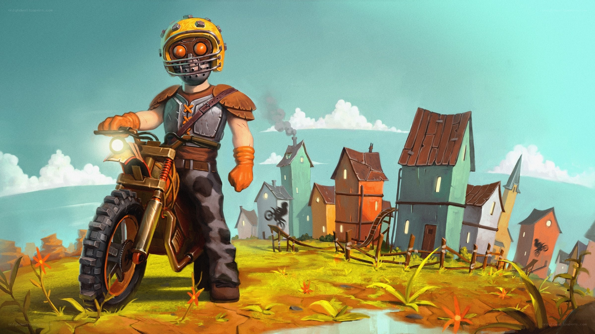 robot biker in a village