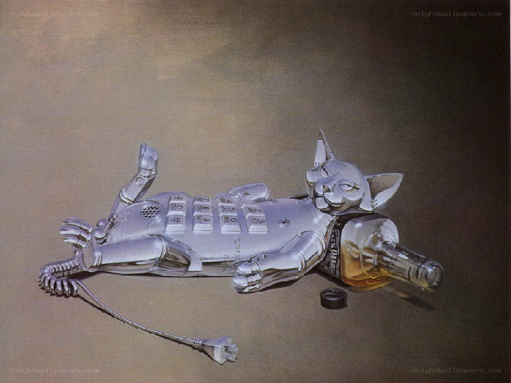 robot cat with phone and bottle
