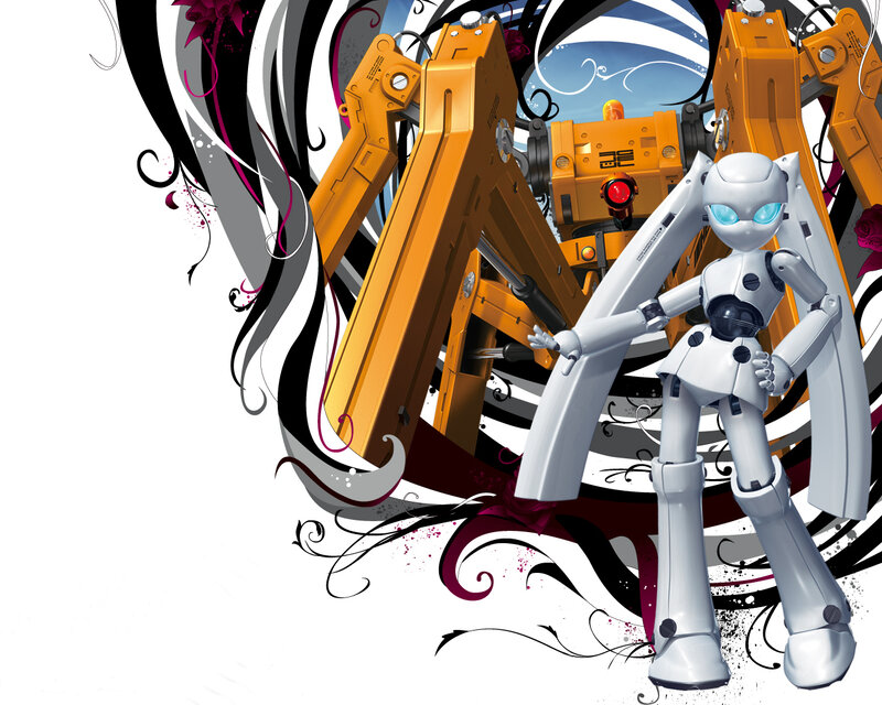robot character with mechanical arms