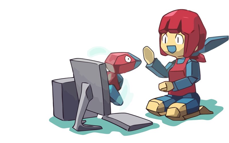 robot characters at computer