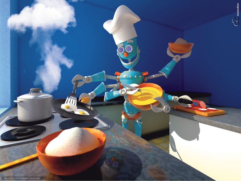 Robot chef cooking in kitchen
